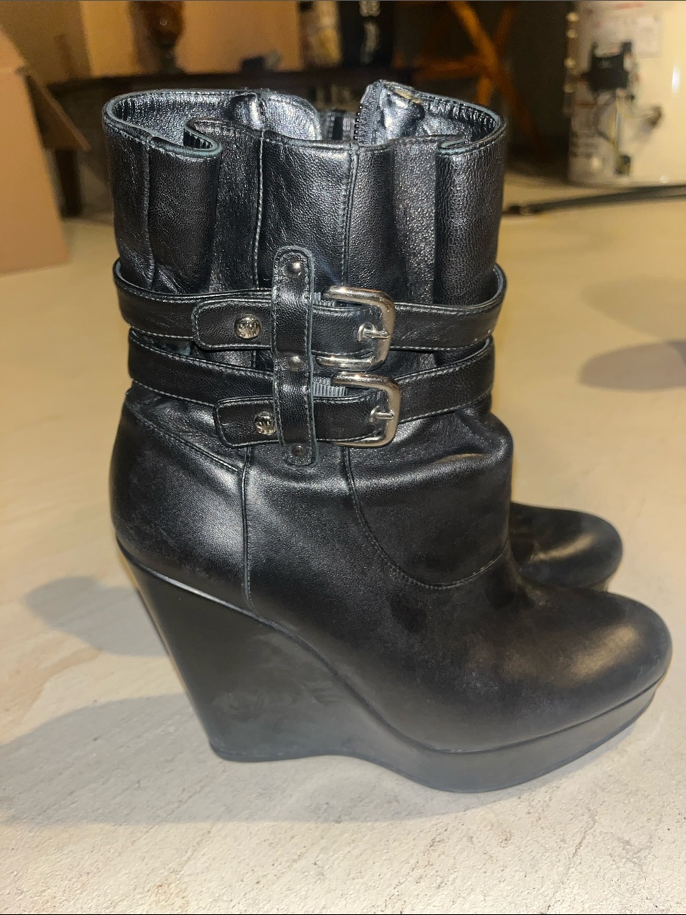 Stuart Weitzman Black Wedge Ankle Boots with double Buckle